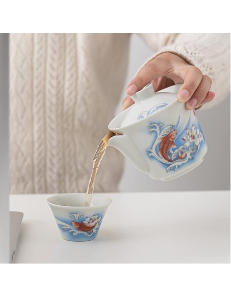 Ceramic Tea Cup Set， Kungfu Tea Set， Portable Travel Tea Set， with，Teacups and Travel Bag， for Travel， Home，Outdoor and Office， 5-Piece Set，A