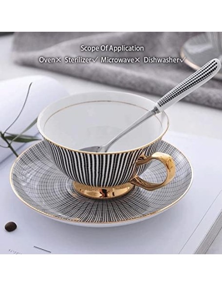 Bone China Tea Cup Saucer Spoon Set Elegant Gray Coffee Cup Gold Porcelain Tea Set Ceramic Teacup Cafe Espresso Cup