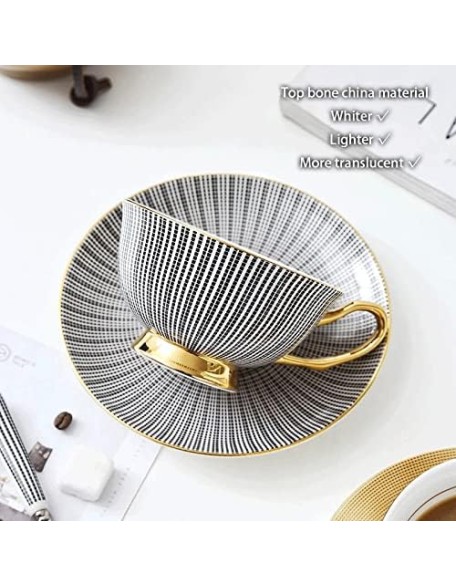 Bone China Tea Cup Saucer Spoon Set Elegant Gray Coffee Cup Gold Porcelain Tea Set Ceramic Teacup Cafe Espresso Cup