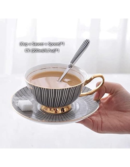 Bone China Tea Cup Saucer Spoon Set Elegant Gray Coffee Cup Gold Porcelain Tea Set Ceramic Teacup Cafe Espresso Cup