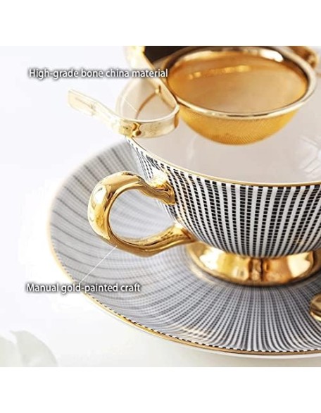 Bone China Tea Cup Saucer Spoon Set Elegant Gray Coffee Cup Gold Porcelain Tea Set Ceramic Teacup Cafe Espresso Cup