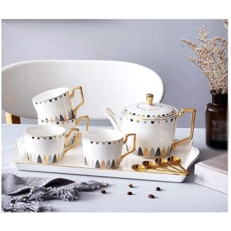 Court Style Ceramic Tea Set European Creative Gold Handle Home Set Coffee Set Cup Tray with Spoon