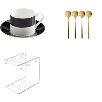 European Style Tea Cup Set Tea Cups and Saucers Sets of 4 Espresso Cups with Gold Trim Porcelain 7 Oz Coffee Cups with Saucers Spoons (Black)