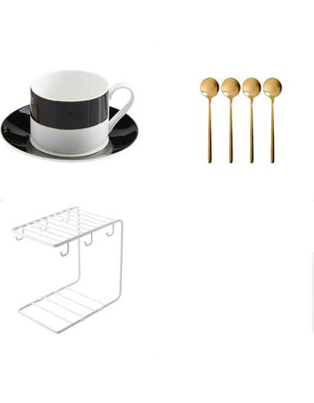 European Style Tea Cup Set Tea Cups and Saucers Sets of 4 Espresso Cups with Gold Trim Porcelain 7 Oz Coffee Cups with Saucers Spoons (Black)