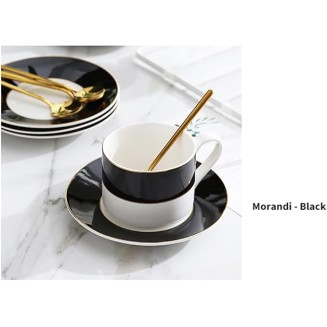 European Style Tea Cup Set Tea Cups and Saucers Sets of 4 Espresso Cups with Gold Trim Porcelain 7 Oz Coffee Cups with Saucers Spoons (Black)
