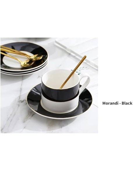 European Style Tea Cup Set Tea Cups and Saucers Sets of 4 Espresso Cups with Gold Trim Porcelain 7 Oz Coffee Cups with Saucers Spoons (Black)