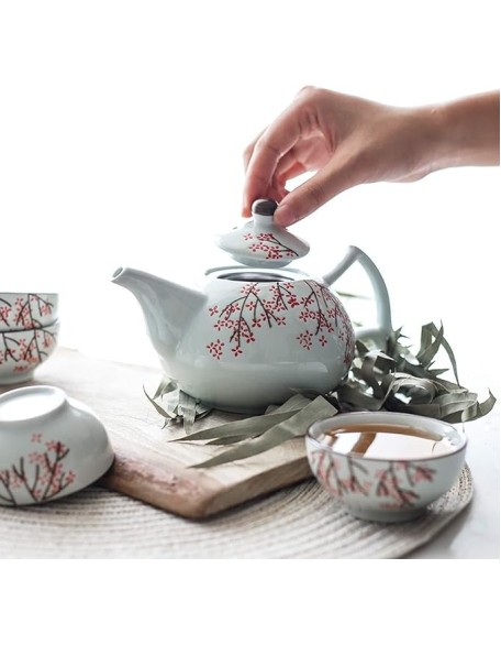 Chinese Porcelain Tea Set, Kung Fu Set with Teapot and Infuser, 5 Cups, Ceramic Service for Adults, Wedding Gift
