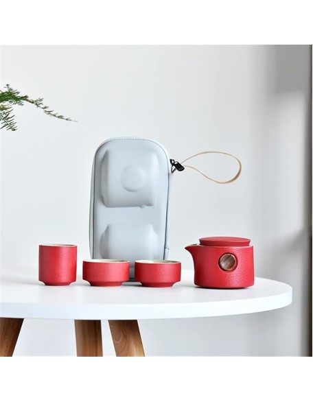 Tea Set Ceramic Portable Teapot Outdoor Travel Gaiwan Kettle Office Teacups TeaSet Dinkware Office (Blue 9.3 * 8.5cm) (Red 9.3 * 8.5cm)