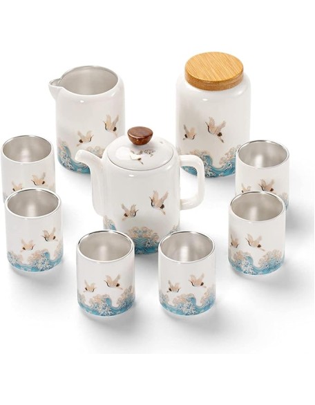 Porcelain Tea Set, Chinese Tea Set, Ceramic Teapot, Tea Canister, 6 Tea Cups, for Home Outdoor High-end Gift Box with Lid