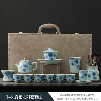 Blue and white porcelain Kung Fu tea set, light luxury high-end teapot-14 head set
