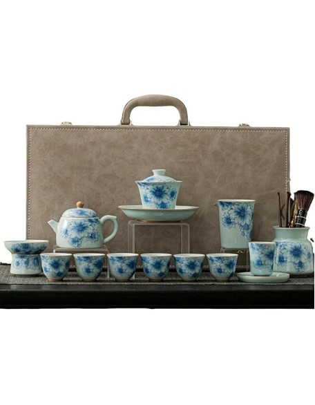 Blue and white porcelain Kung Fu tea set, light luxury high-end teapot-14 head set