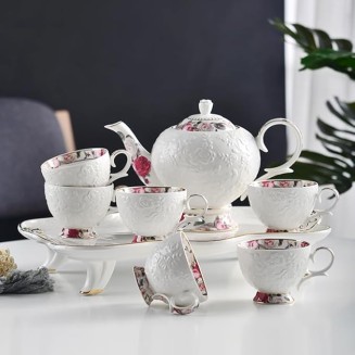Elegant White Porcelain Tea Set with Gold - trimmed Detailing and Floral Embossment, 1 Teapot and 6 Cups, Ideal for Refined Afternoon Tea