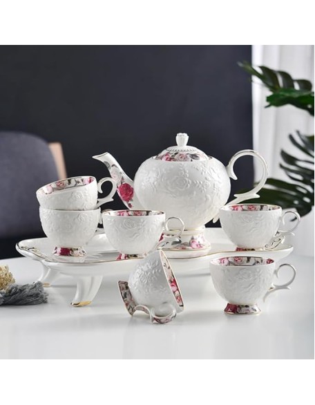 Elegant White Porcelain Tea Set with Gold - trimmed Detailing and Floral Embossment, 1 Teapot and 6 Cups, Ideal for Refined Afternoon Tea