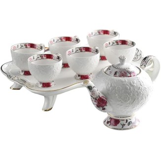 Elegant White Porcelain Tea Set with Gold - trimmed Detailing and Floral Embossment, 1 Teapot and 6 Cups, Ideal for Refined Afternoon Tea