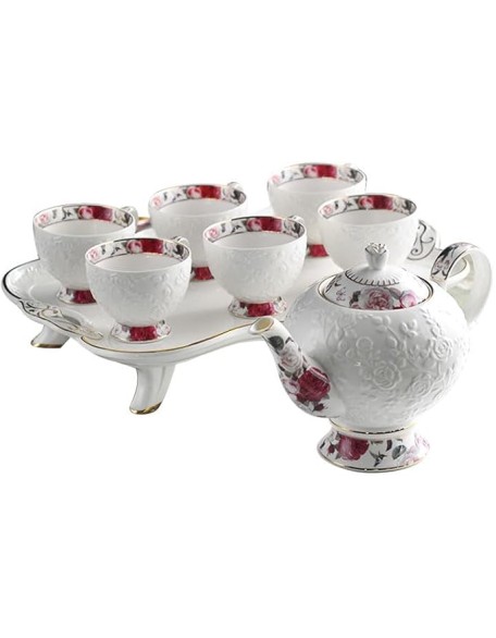 Elegant White Porcelain Tea Set with Gold - trimmed Detailing and Floral Embossment, 1 Teapot and 6 Cups, Ideal for Refined Afternoon Tea