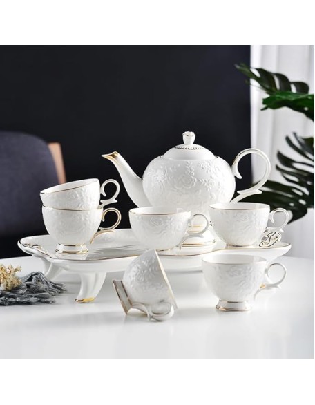 Elegant White Porcelain Tea Set with Gold - trimmed Detailing and Floral Embossment, 1 Teapot and 6 Cups, Ideal for Refined Afternoon Tea