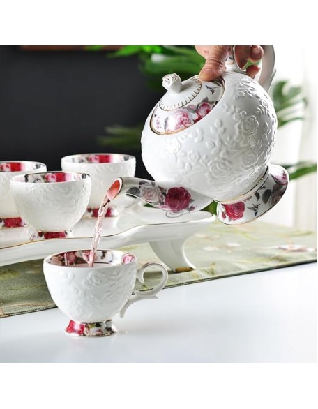 Elegant White Porcelain Tea Set with Gold - trimmed Detailing and Floral Embossment, 1 Teapot and 6 Cups, Ideal for Refined Afternoon Tea