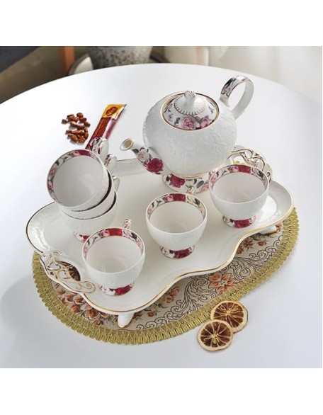 Elegant White Porcelain Tea Set with Gold - trimmed Detailing and Floral Embossment, 1 Teapot and 6 Cups, Ideal for Refined Afternoon Tea