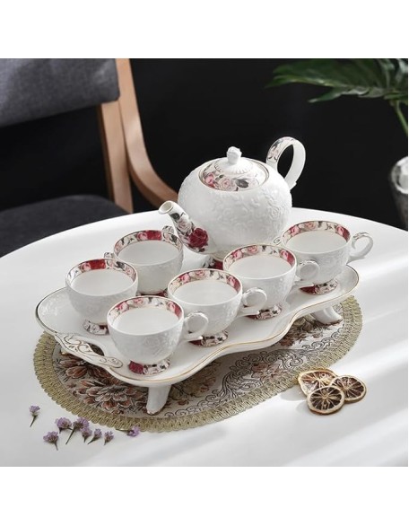 Elegant White Porcelain Tea Set with Gold - trimmed Detailing and Floral Embossment, 1 Teapot and 6 Cups, Ideal for Refined Afternoon Tea